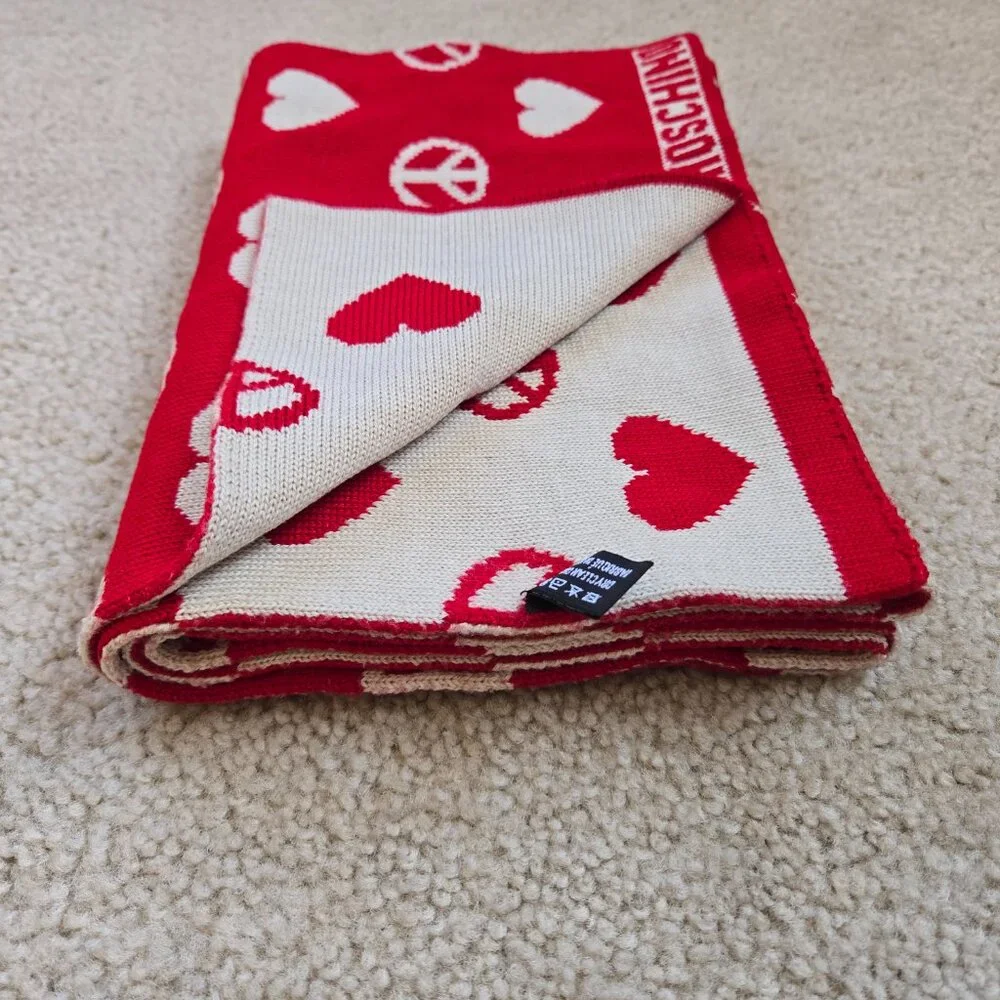 Moschino Peace & Love Hearts Scarf Merino Wool Blend Red White